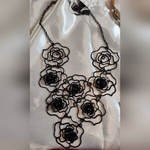 Vintage All Black Floral Bib Statement Necklace, Pre-loved, Great Condition